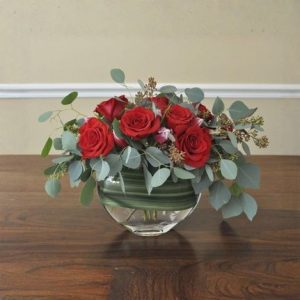Arranged with 15 Red Roses and Fresh Leaves in a Fish Bowl