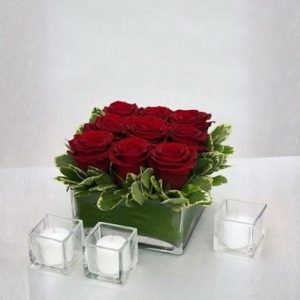 Arranged with 9 Red Roses and Leaves Breath in Glass Box
