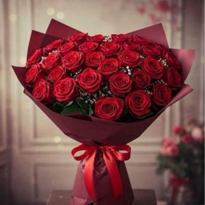 Arranged with 25 Red Roses and Baby Breath Leaves Elegantly Wrapped