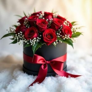 Arranged with 15 Red Roses, Baby Breath and Leaves Breath in a Round Box