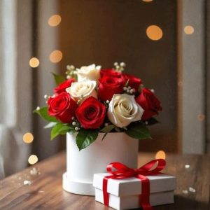 Arranged with 5 Red & 5 White Roses, Baby Breath and Leaves Breath in a Box and Prime Heart Chocolates